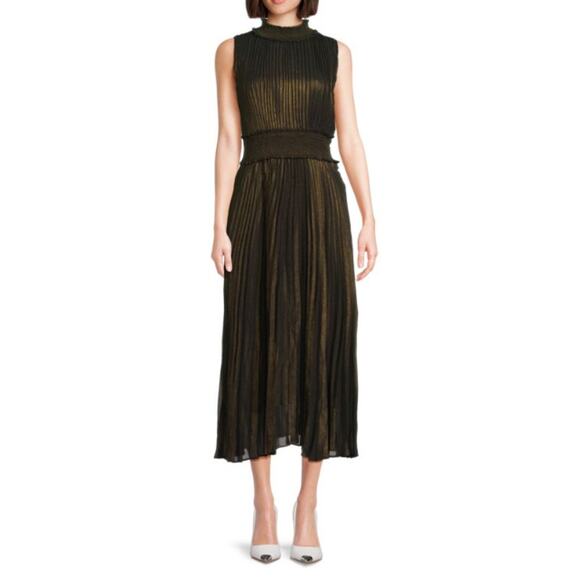 Nanette Lepore Dresses & Skirts - Nanette Lepore Pleated Midi Dress Size 10 Smocked Waist Very Black/ Gold NWT